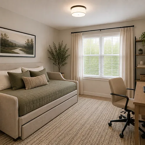 Inviting home office with natural light, a daybed, and a modern desk setup, perfect for productivity and relaxation.