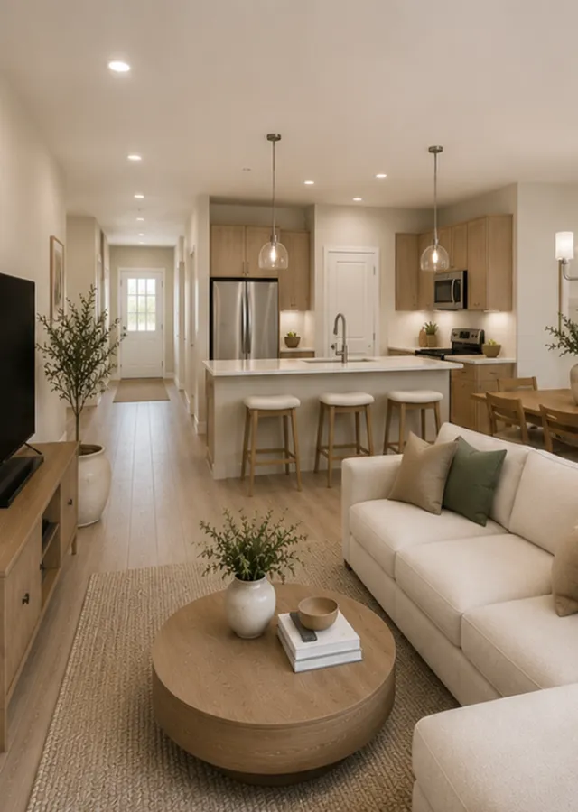 Bright and inviting open-concept living area with a modern kitchen, stylish bar seating, and a cozy living space.