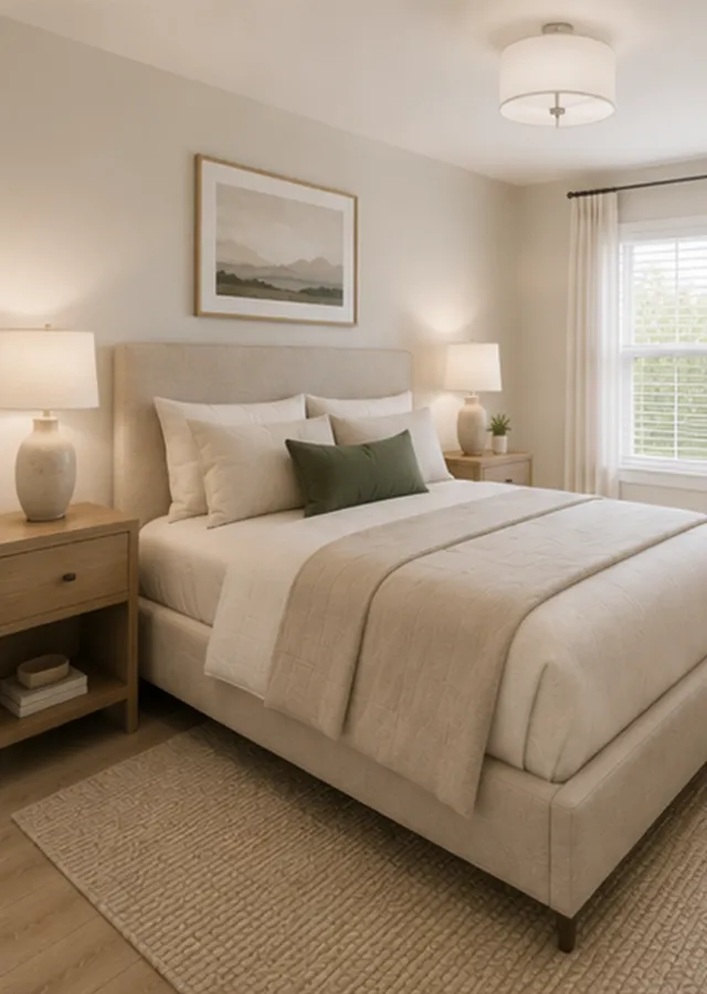 Elegant bedroom featuring a plush queen-size bed, soft lighting from matching bedside lamps, and a large window with sheer curtains for natural light.
