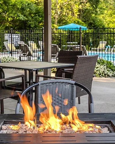 Charming outdoor patio area featuring a cozy fire pit with elegant wicker seating, overlooking a serene swimming pool and lush greenery.
