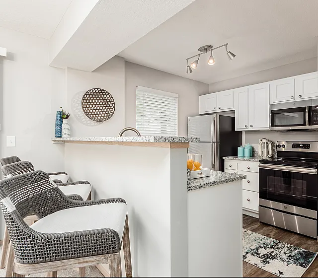 Modern kitchen with sleek stainless steel appliances, elegant granite countertops, and a cozy breakfast bar with chic woven stools.
