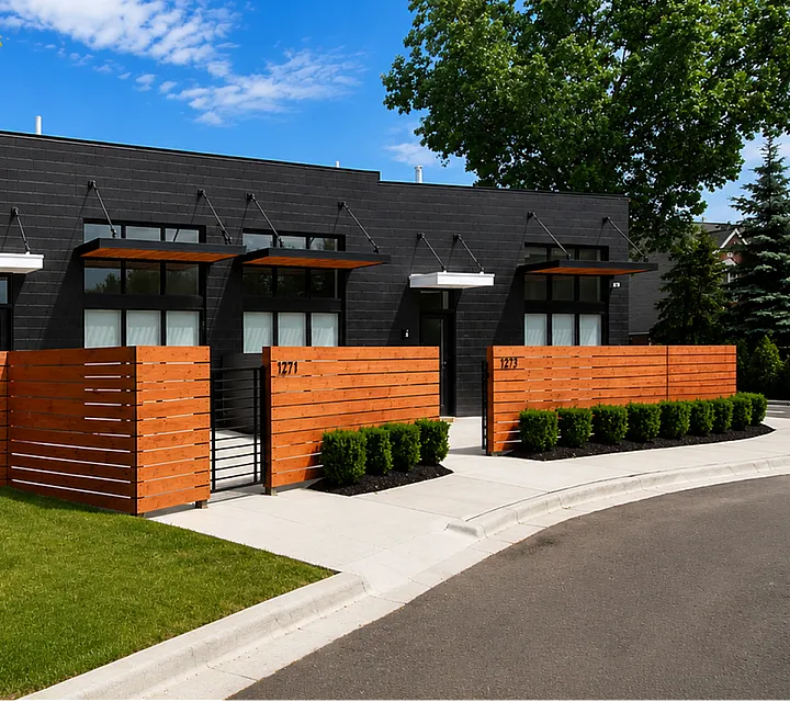 Modern townhouse exterior with sleek black facade and stylish wooden fencing, surrounded by lush greenery and a vibrant tree under a bright blue sky.