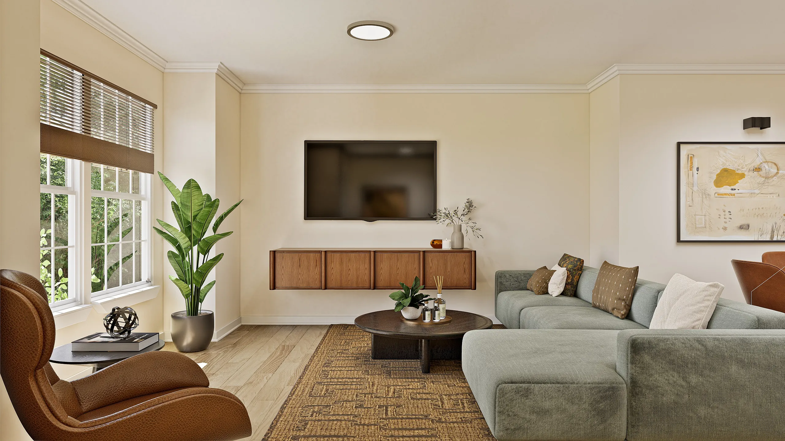 Inviting living room with modern decor featuring a plush sectional sofa, large screen TV, and abundant natural light from large windows.