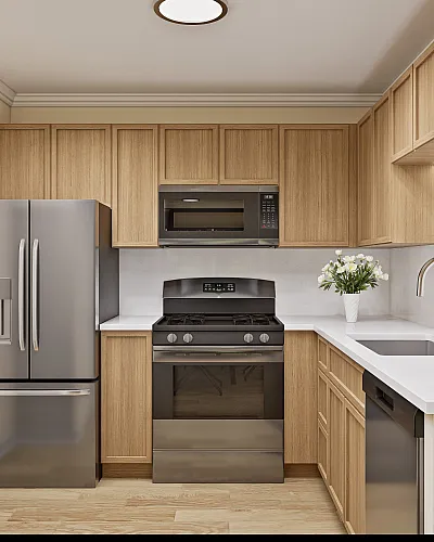Modern kitchen with sleek stainless steel appliances, elegant wood cabinetry, and a bright, inviting atmosphere.