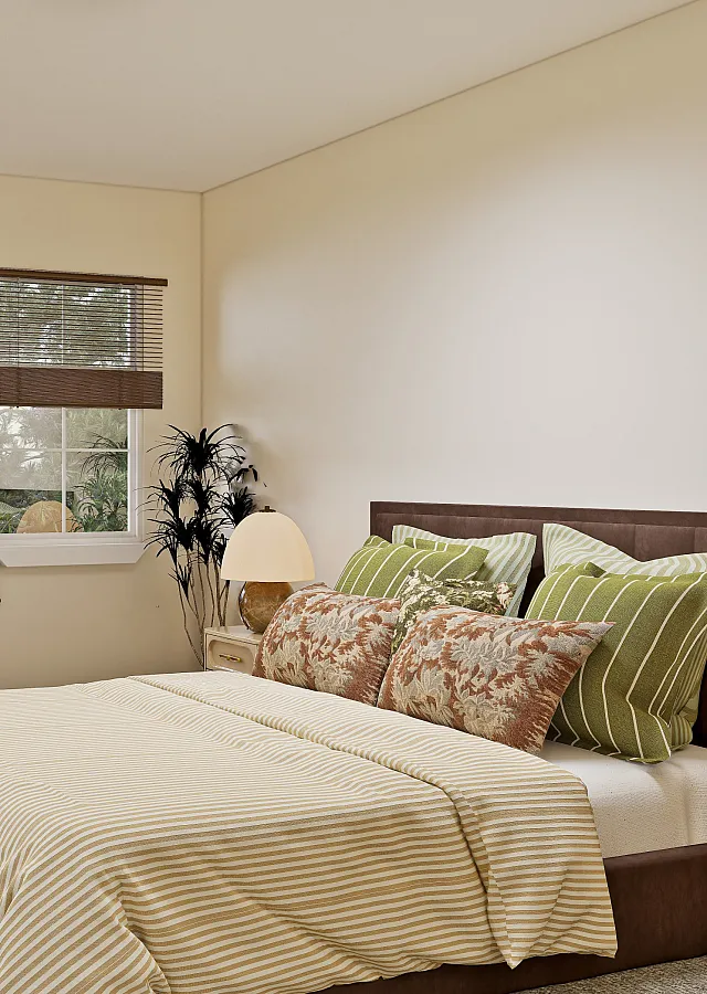 Inviting bedroom with stylish decor, featuring a cozy bed, ambient lighting, and a relaxing armchair by the window.