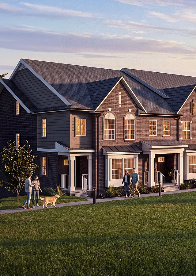 Charming row of modern townhouses nestled in serene greenery, offering scenic views and an inviting atmosphere.