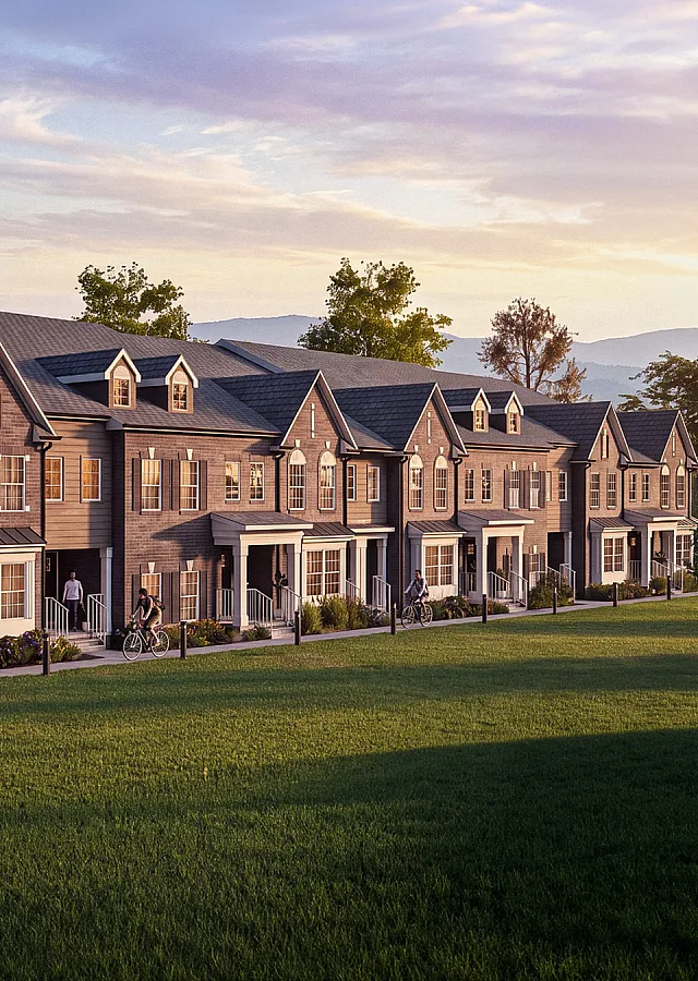 Charming row of elegant townhouses with a stunning mountain backdrop, featuring lush green lawns and scenic pathways.