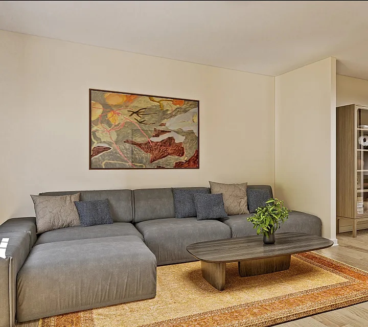 Elegant living space with a cozy gray sectional sofa, modern coffee table, and vibrant artwork. A serene bedroom area is visible with a plush bed, enhancing the open-concept design.