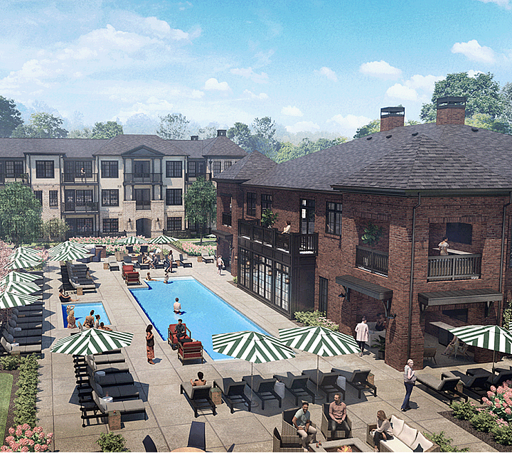 Charming apartment complex with elegant brick facades, featuring a luxurious pool area surrounded by lush greenery and stylish lounge chairs under striped umbrellas. A perfect blend of comfort and sophistication.