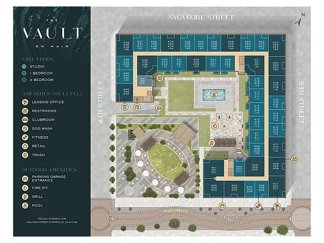 Sophisticated property layout of 'The Vault on Main', showcasing studio, 1-bedroom, and 2-bedroom units. Features include a luxurious pool, clubroom, fitness center, and dog wash area for ultimate urban living.