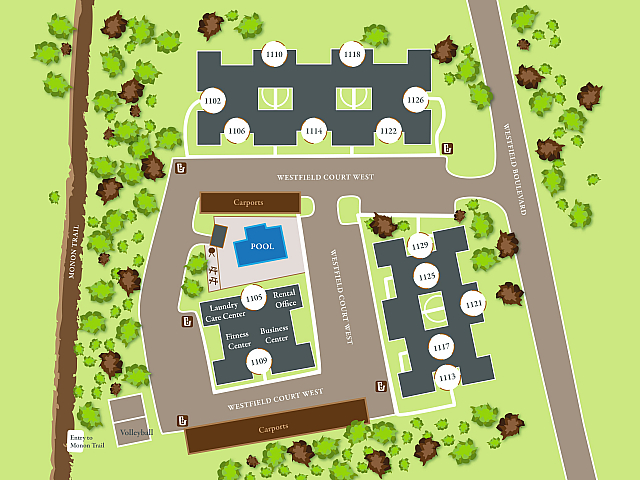 Vibrant apartment complex layout featuring lush green areas, multiple residential buildings, a refreshing pool, and convenient amenities like a fitness center and business hub.
