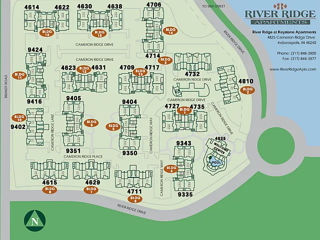 Charming apartment complex layout showcasing River Ridge Apartments with well-marked buildings, lush greenery, and a central pool area for a vibrant community living experience.