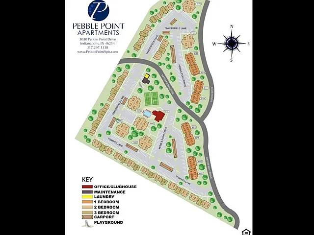 Vibrant map of Pebble Point Apartments in Indianapolis featuring a detailed layout with 1, 2, and 3 bedroom units, highlighted amenities like a playground and clubhouse, surrounded by lush greenery.