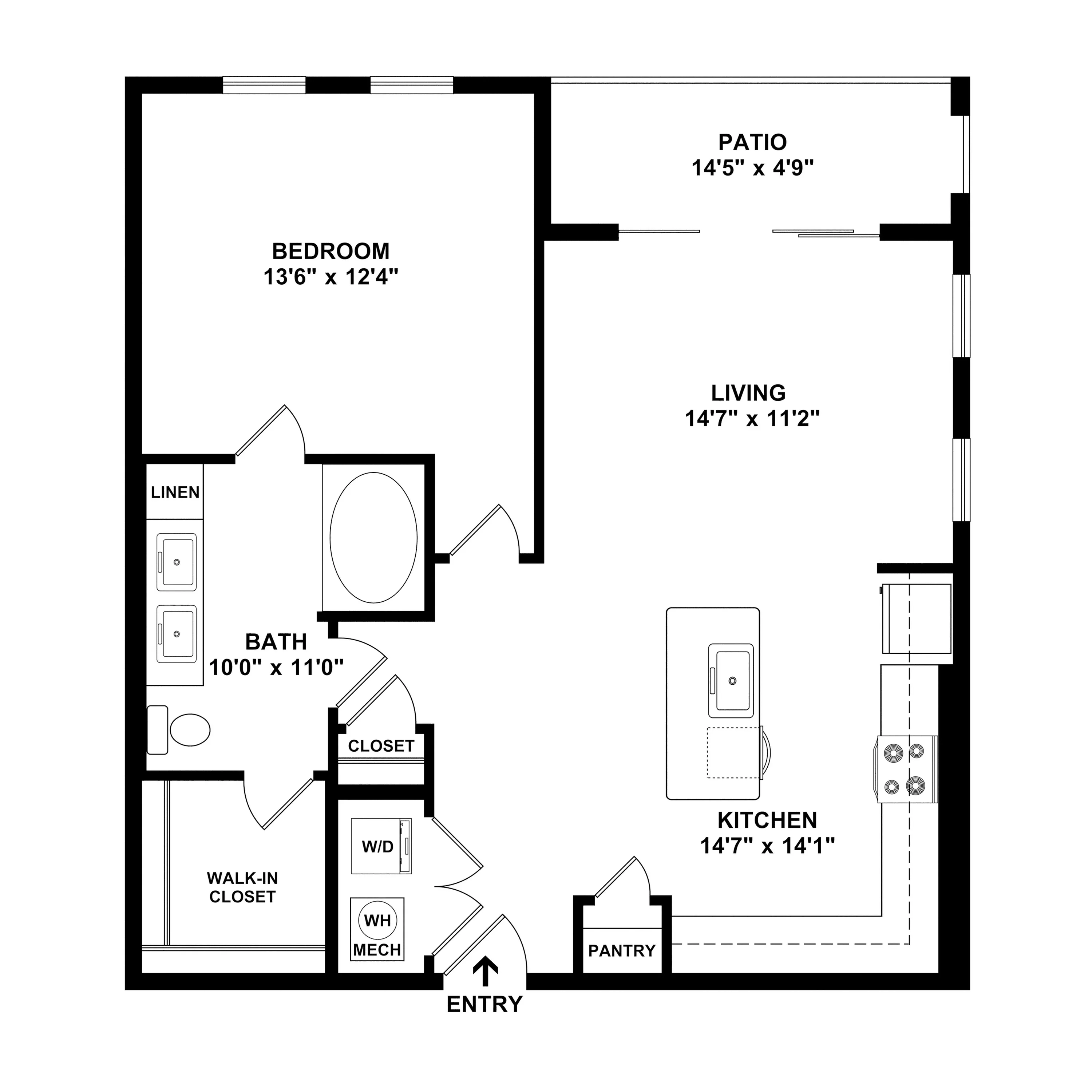 Charming floor plan showcasing a spacious bedroom, elegant kitchen with island, cozy living room, and inviting patio.