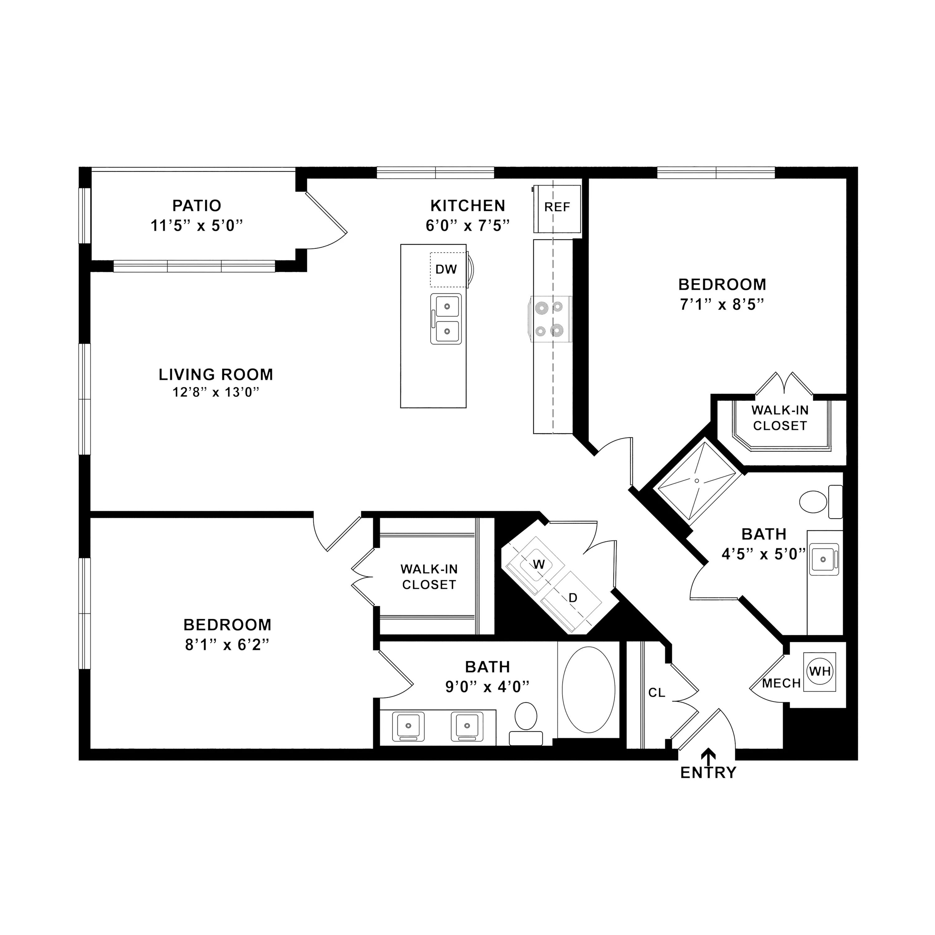 Contemporary 2D floor plan featuring two bedrooms, open-concept living room adjacent to a modern kitchen, patio access, and ample storage with two walk-in closets.
