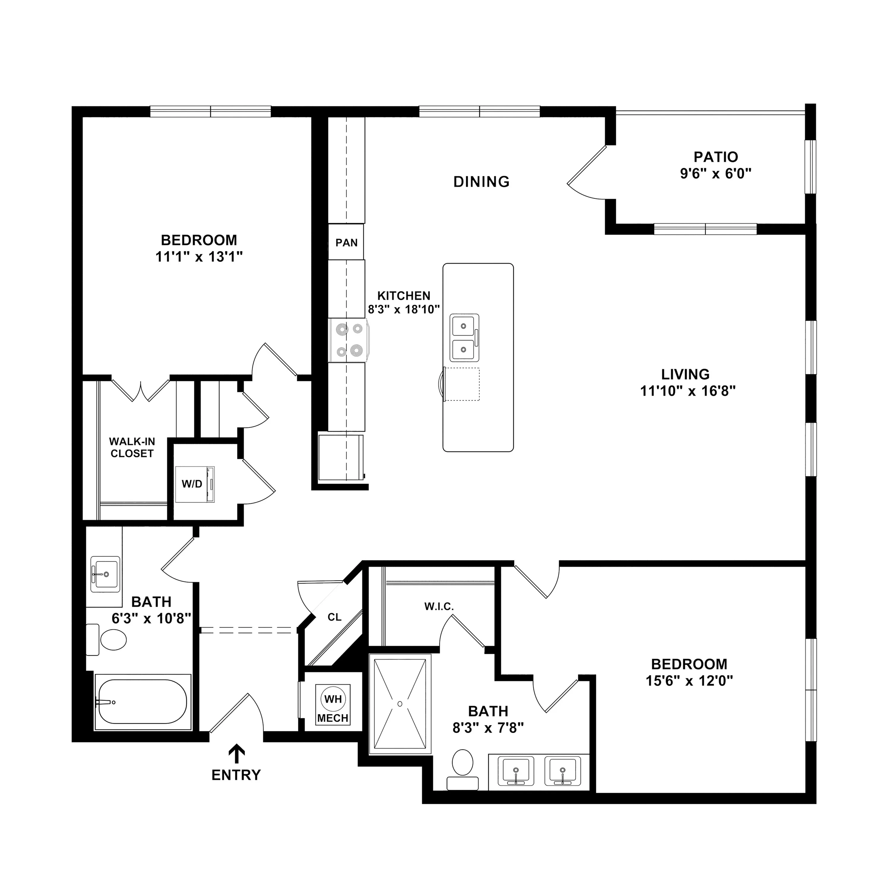 Elegant floor plan featuring two bedrooms, spacious living and dining areas, modern kitchen with island, and a cozy patio.