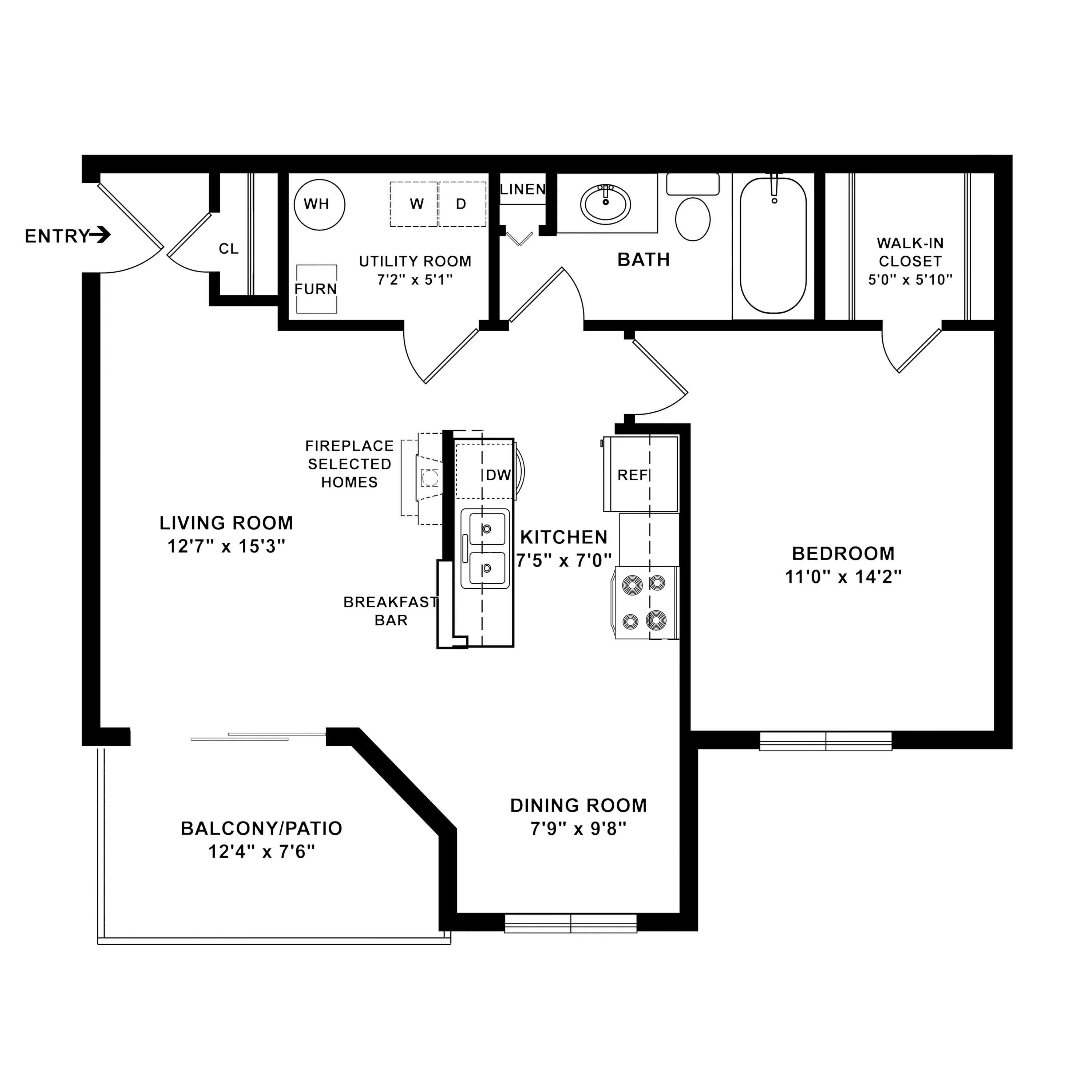 Contemporary floor plan featuring 1 bedroom, spacious living room with optional fireplace, efficient kitchen with breakfast bar, cozy dining area, and private balcony.