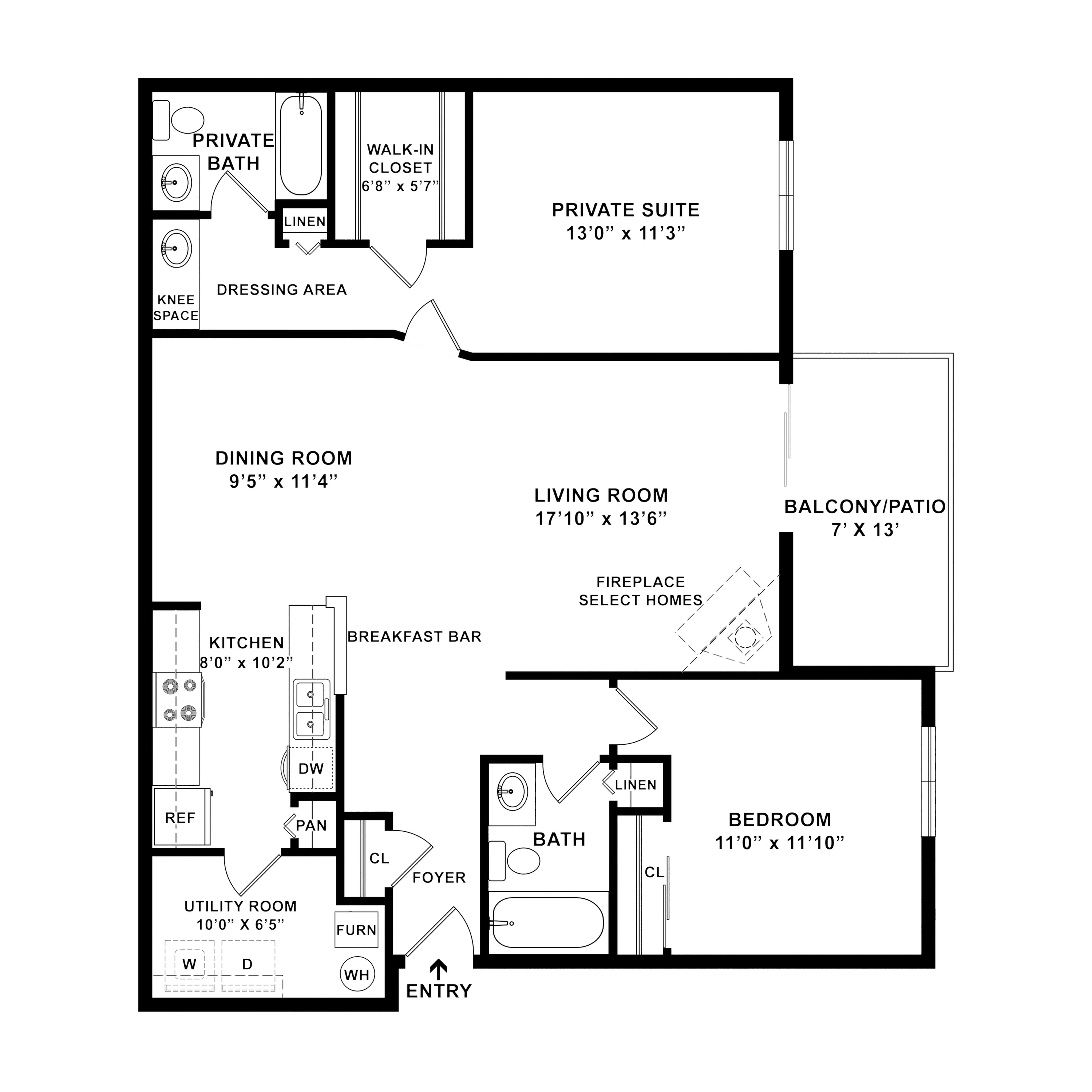 Modern 2D floor plan showcasing a spacious private suite with walk-in closet, open living room, stylish kitchen, dining room, and a balcony/patio.