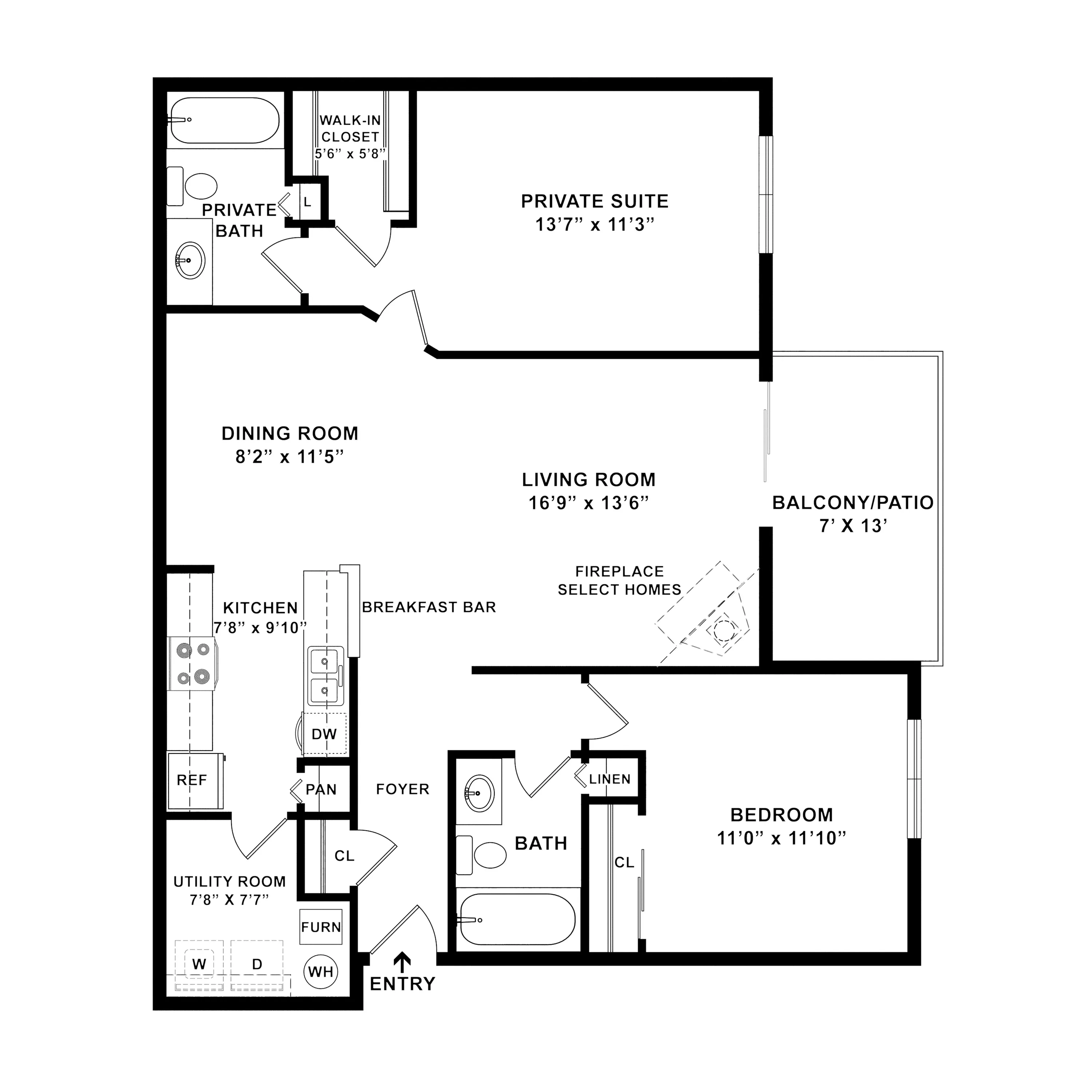 Modern floor plan showcasing a spacious private suite, open living room with fireplace, and charming balcony. Includes cozy dining room, efficient kitchen with breakfast bar, and utility room.