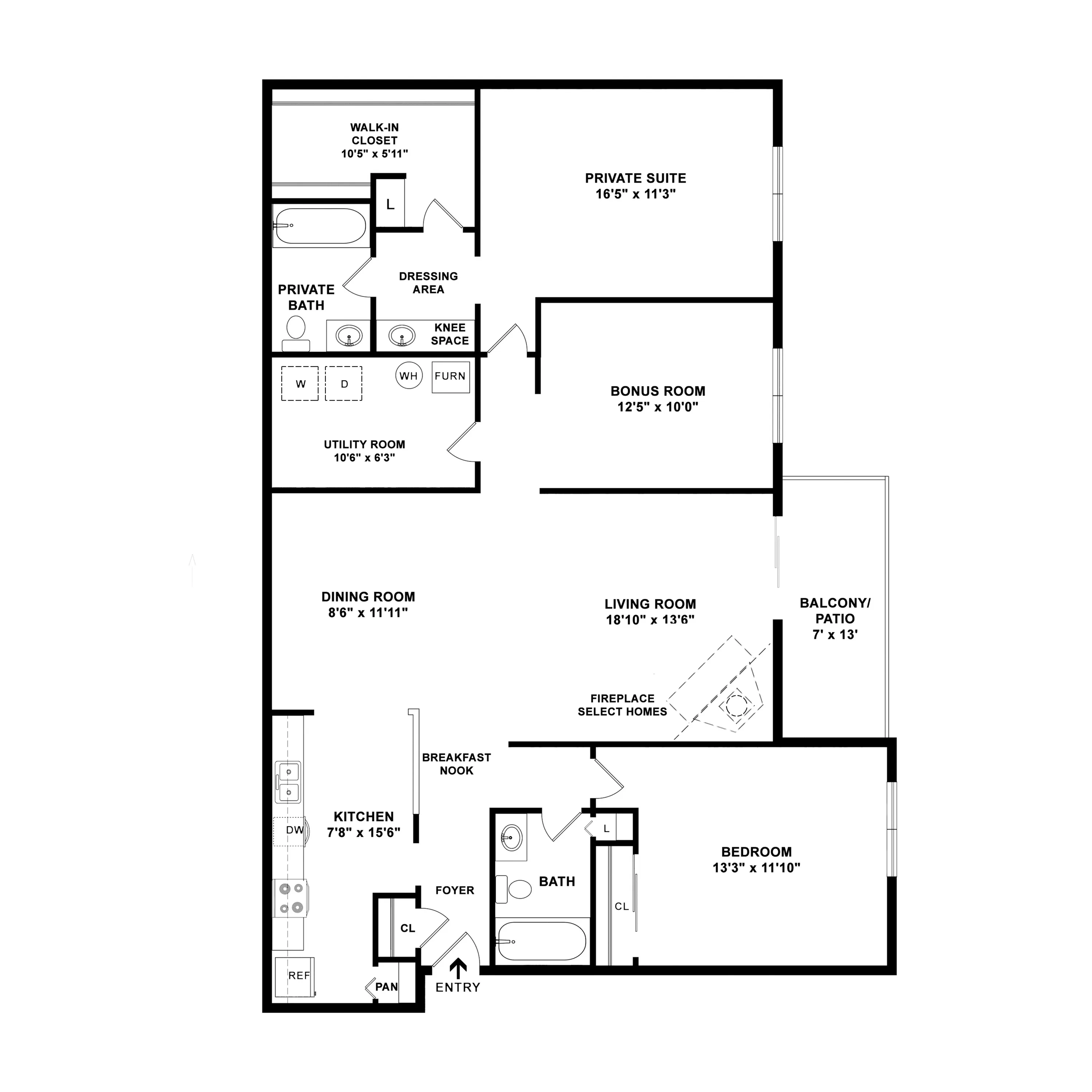 Spacious floor plan featuring a private suite, bonus room, and open living area with dining room and balcony access.