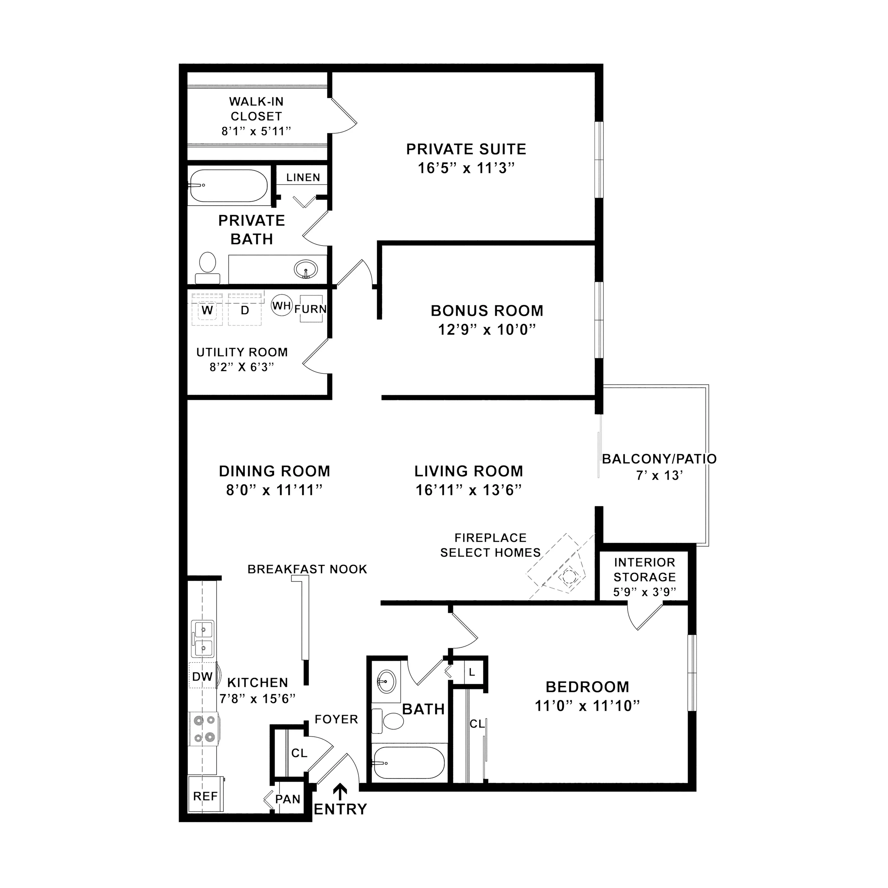 Modern floor plan featuring a private suite, bonus room, and spacious living area with dining room and breakfast nook, ideal for comfortable living.