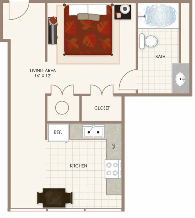 Charming apartment floor plan with one bedroom, spacious living area, modern kitchen, and elegant bath.