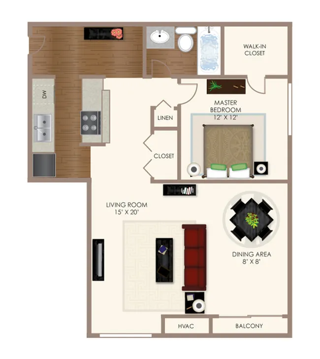 Elegant floor plan featuring a master bedroom with walk-in closet, a spacious living room, kitchen with modern amenities, and a cozy dining area opening to a balcony.