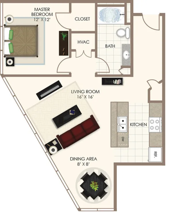 Elegant floor plan showcasing a spacious 1-bedroom apartment with a master suite, open-concept living room, modern kitchen, and cozy dining area.
