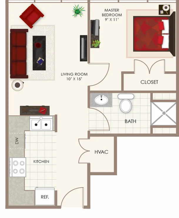 Modern floor plan design featuring a cozy 1-bedroom apartment with an open living area, stylish kitchen, and bathroom. Perfect urban living space with convenient layouts.