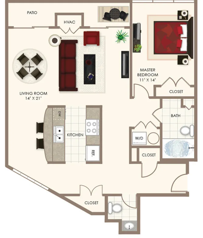 Elegant 2D floor plan highlighting a spacious living room, modern kitchen, master bedroom, and private patio.