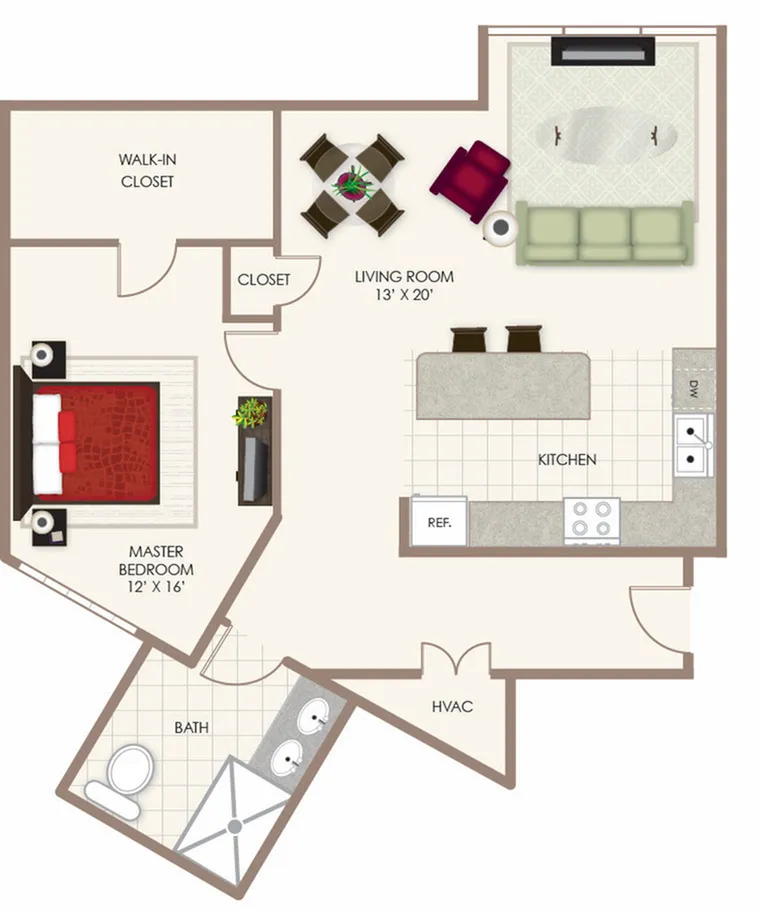 Inviting floor plan featuring a spacious master bedroom with walk-in closet, modern kitchen, and bright living room with cozy seating and dining area.