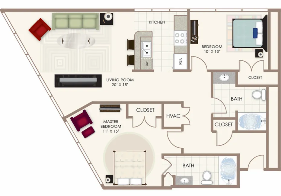 Modern 2D floor plan showcasing 2 bedrooms, spacious living room, and well-appointed kitchen in a unique geometric layout.
