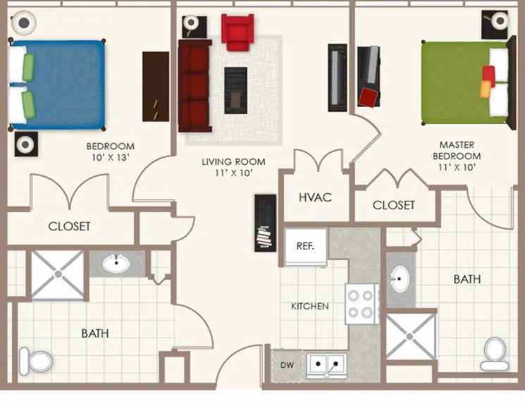 Charming floor plan showcasing a 2-bedroom apartment with a cozy living room, modern kitchen, and two elegant bathrooms.