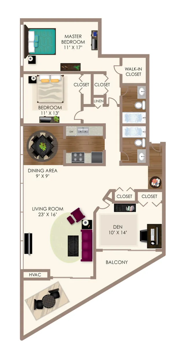 Modern floor plan showcasing a spacious 2-bedroom, 2-bathroom layout with a master bedroom, open concept living and dining area, stylish kitchen, airy den, and a private balcony.