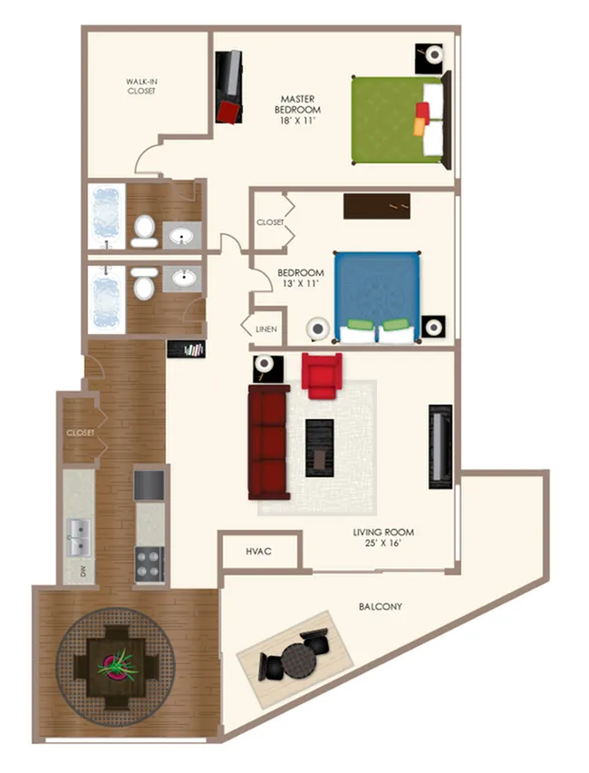Modern floor plan with 2 bedrooms, a spacious living room, and an elegant kitchen, featuring a private balcony for leisure.