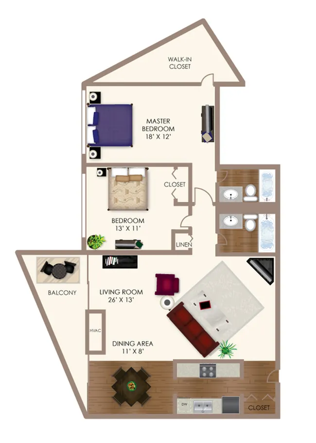 Modern 2D floor plan of a stylish apartment featuring a master bedroom with a walk-in closet, additional bedroom, spacious living room, open dining area, and a cozy balcony.