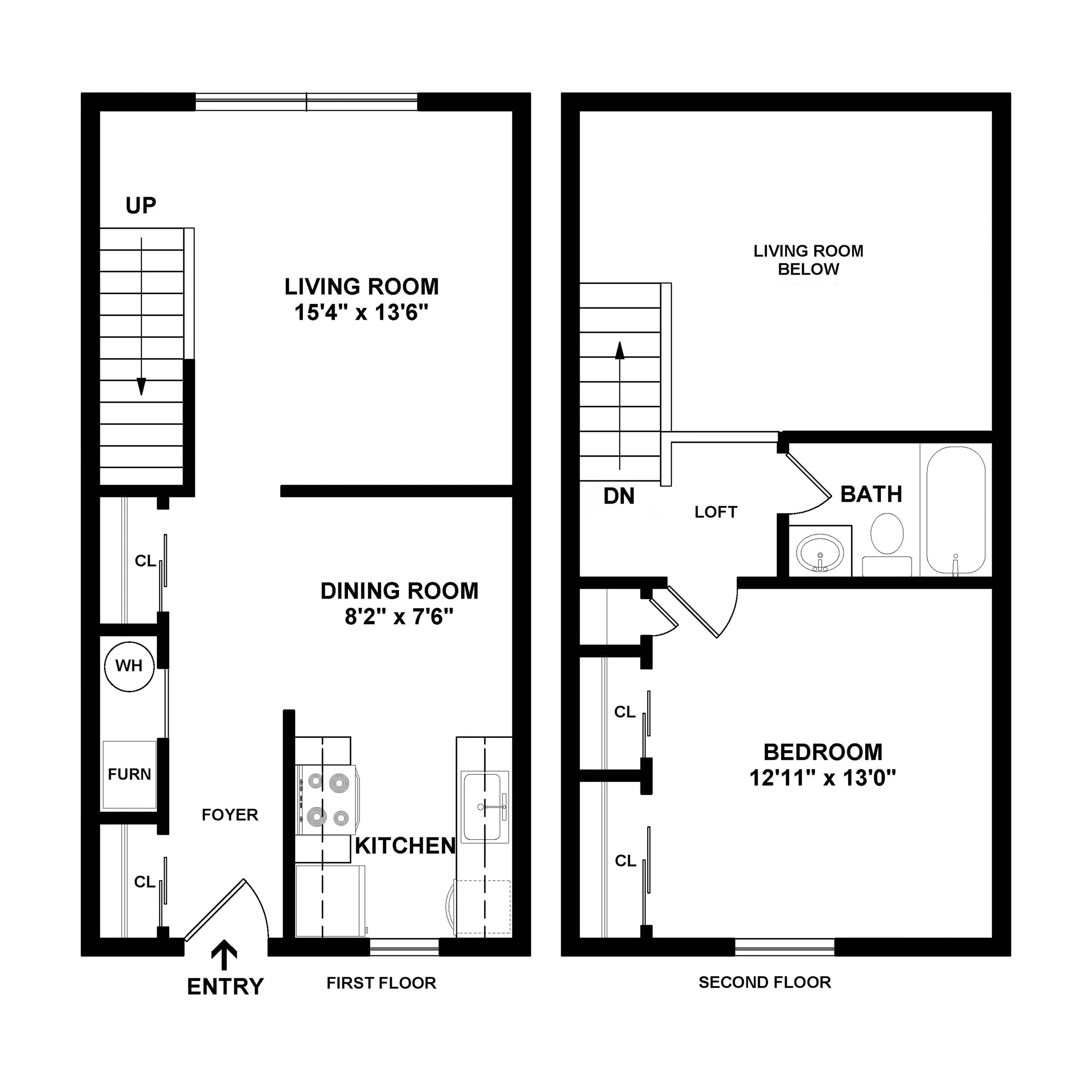 Elegant two-story floor plan featuring a spacious living room, cozy dining area, modern kitchen, and expansive bedroom with an open loft space.