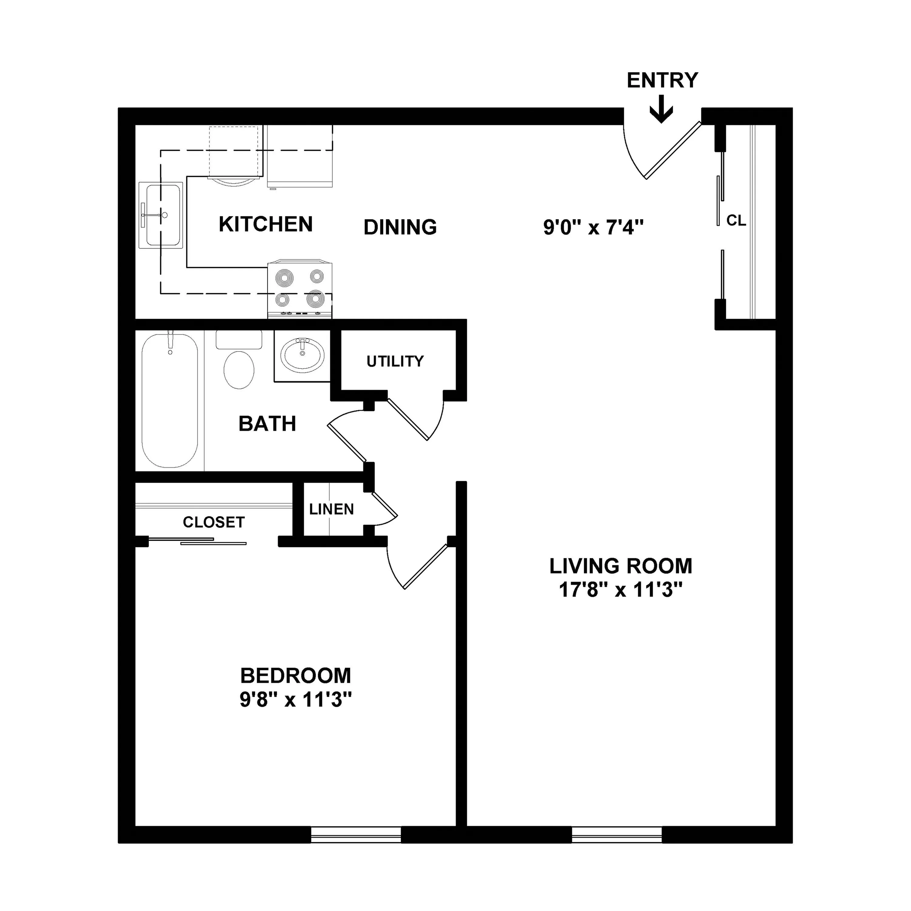 Modern one-bedroom floor plan featuring an open living room, kitchen with dining area, bathroom, and utility space.