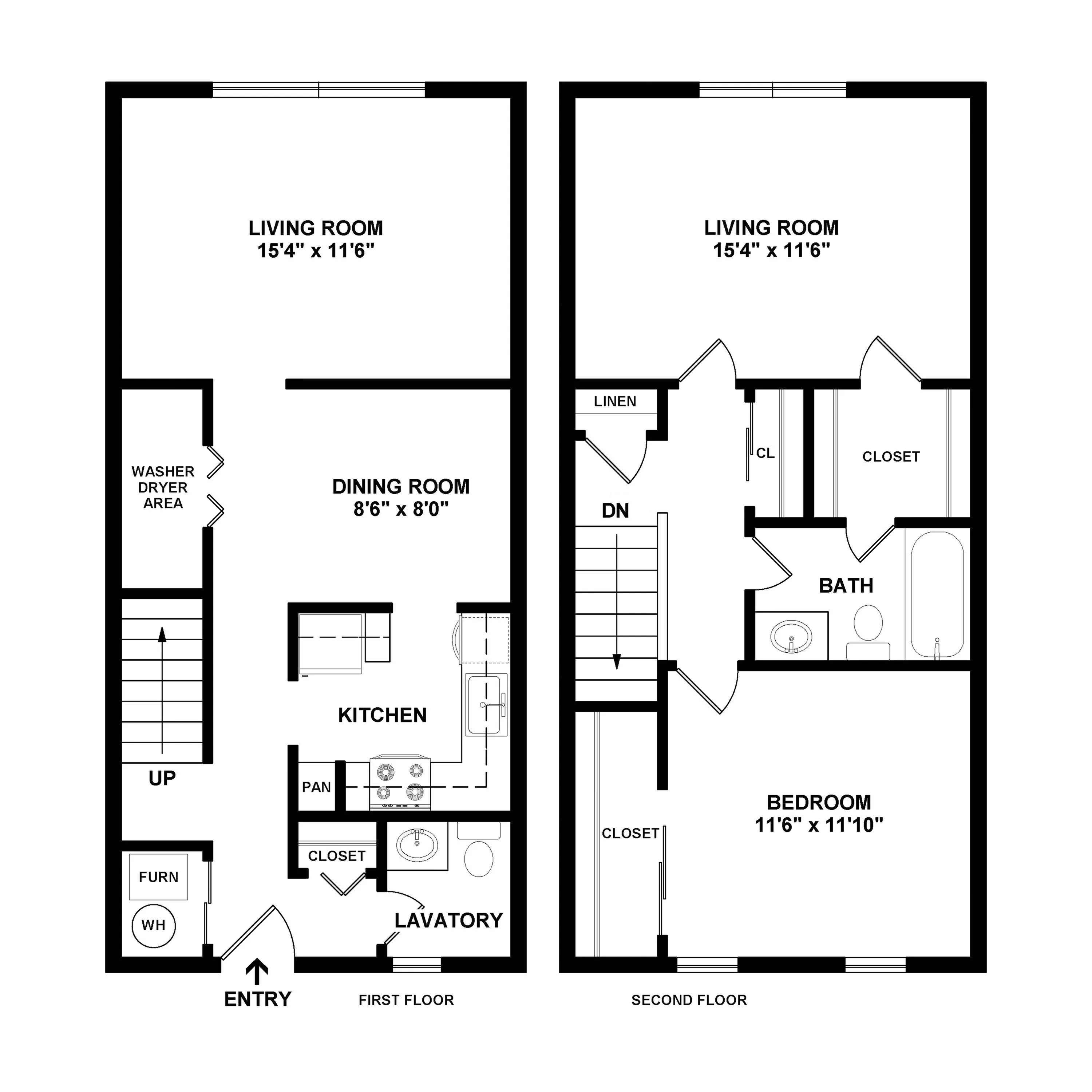 Modern two-story floor plan with spacious living room, dining area, and kitchen on the first floor, featuring a bedroom and bath upstairs, including ample closet space and a convenient washer dryer area.