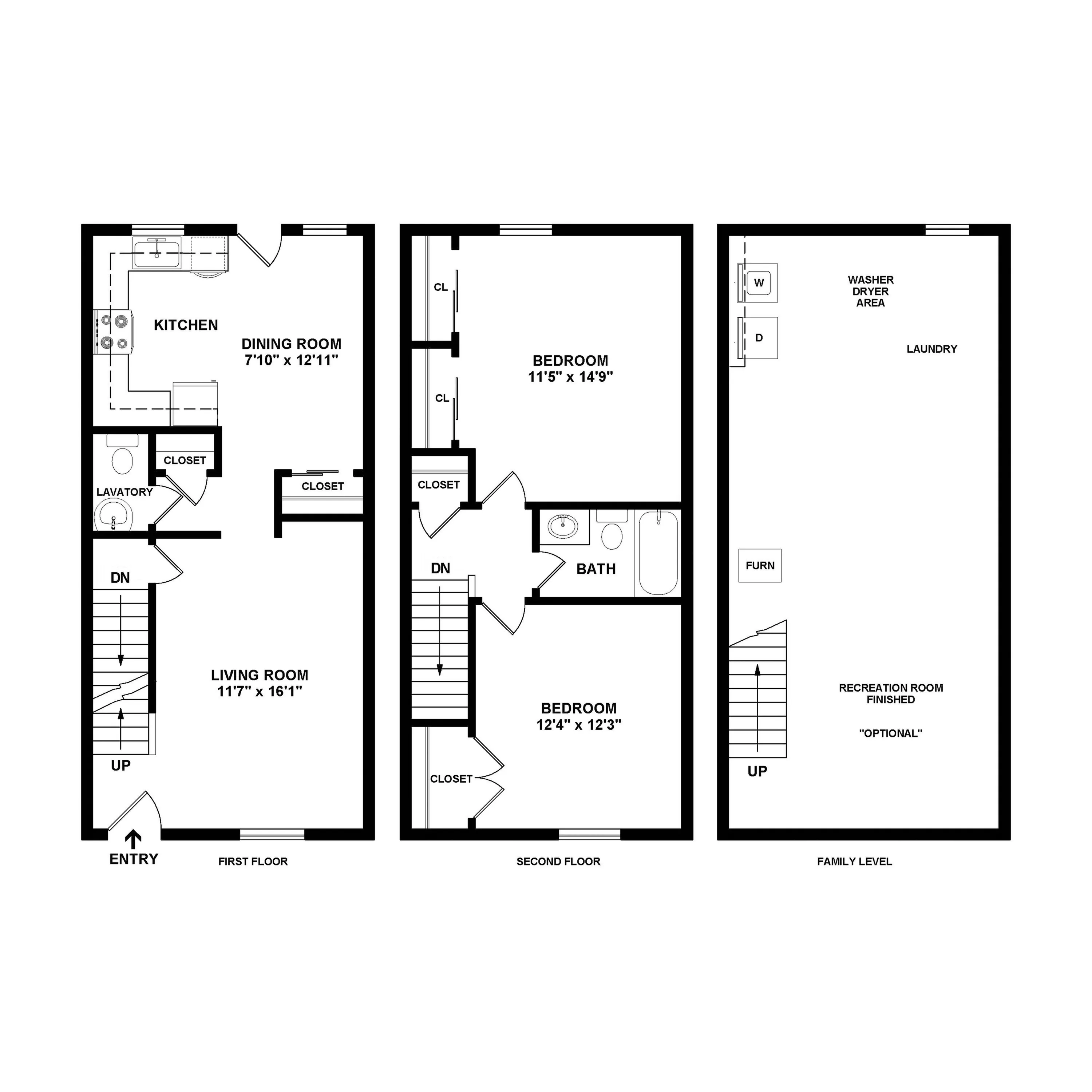 Modern three-level floor plan featuring a spacious living room, well-equipped kitchen, dining area, two cozy bedrooms, functional laundry space, and a finished recreation room.