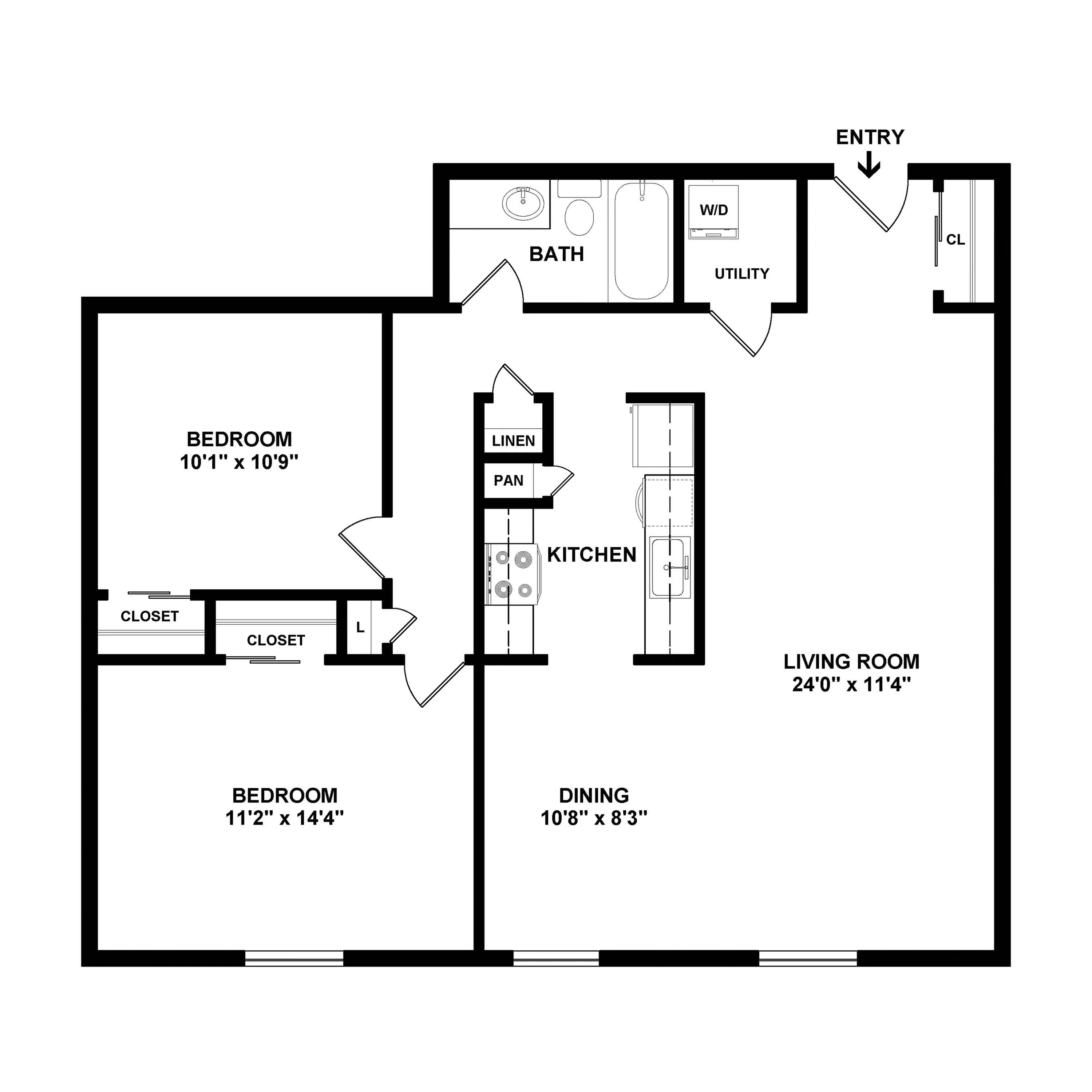 Modern 2D floor plan showcasing two spacious bedrooms, a cozy living room, and a functional kitchen, ideal for comfortable living.