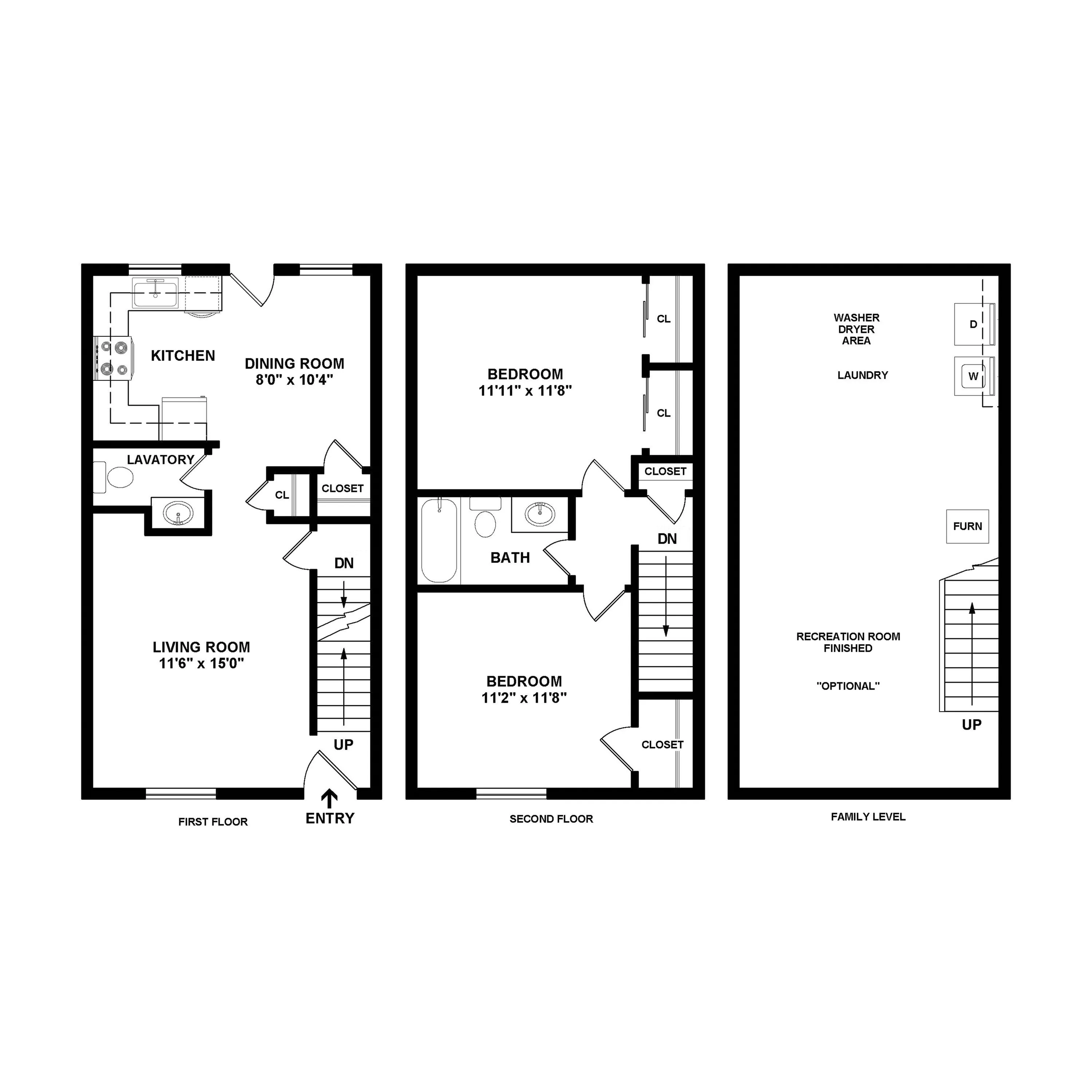 Chic 3-story floor plan with 2 cozy bedrooms, open living and dining area, modern kitchen, finished recreation room, and a convenient laundry space.