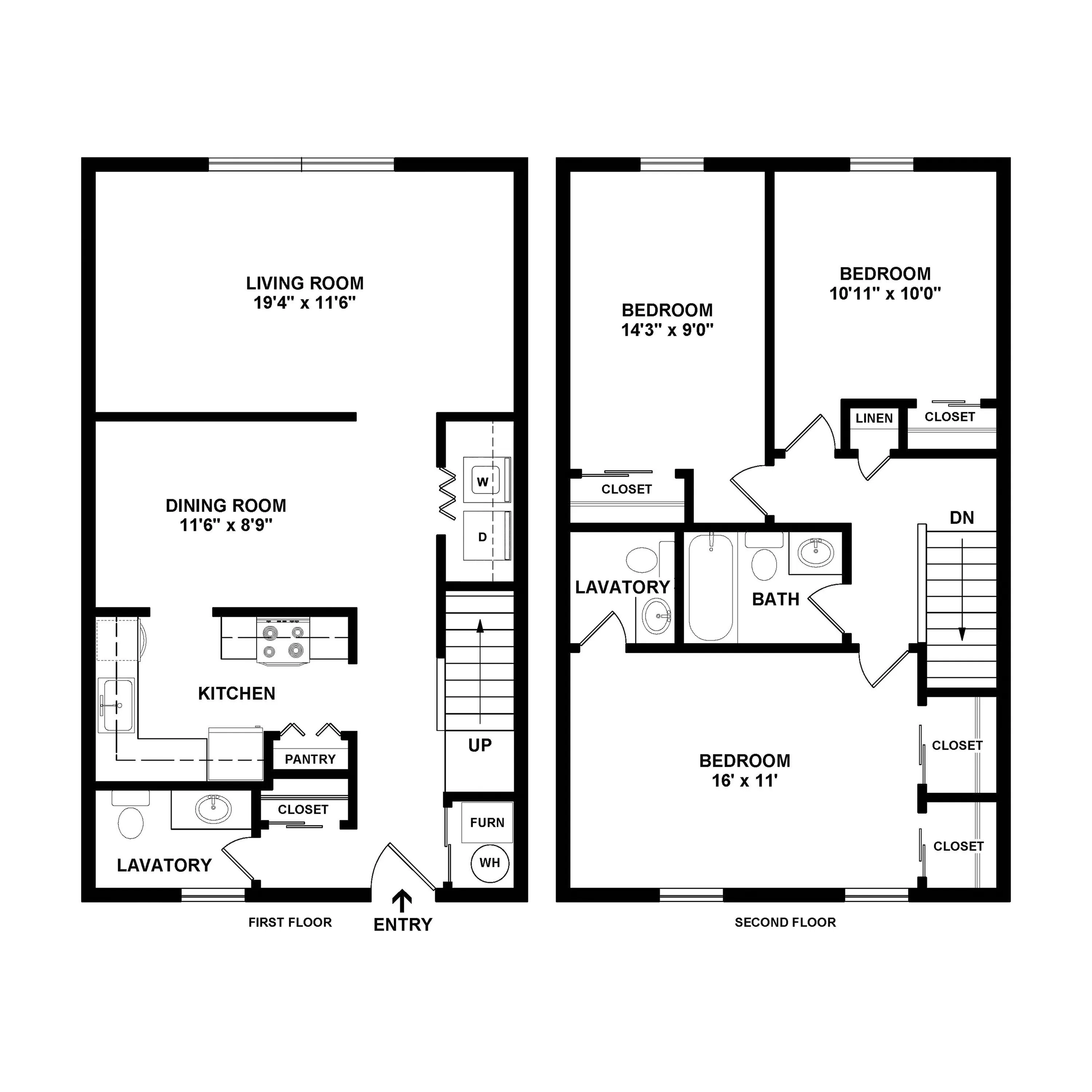 Inviting two-story floor plan with 3 spacious bedrooms, modern kitchen, dining room, and a large living area.