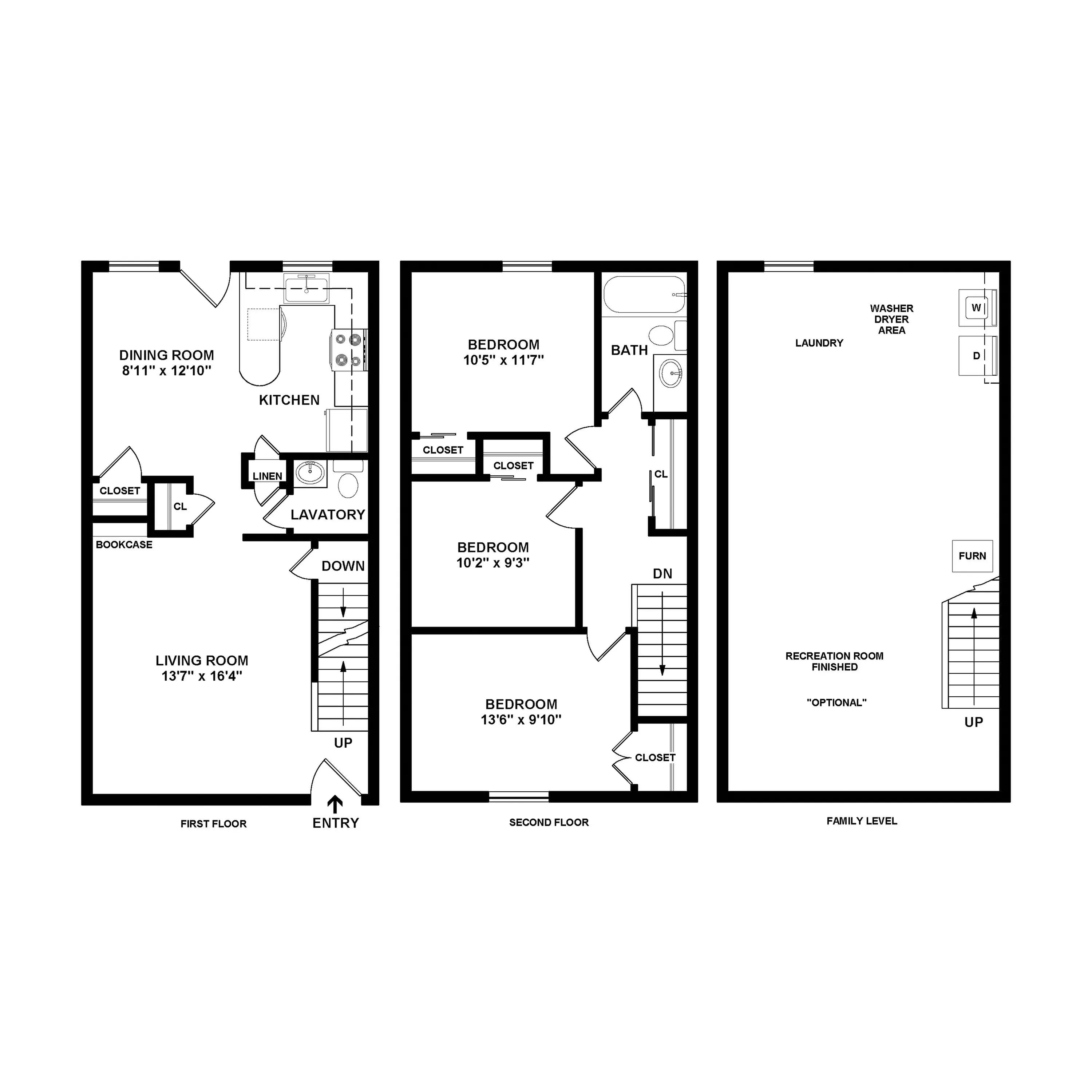 Charming three-level floor plan featuring a cozy living room, modern kitchen, three spacious bedrooms, and a versatile recreation room.