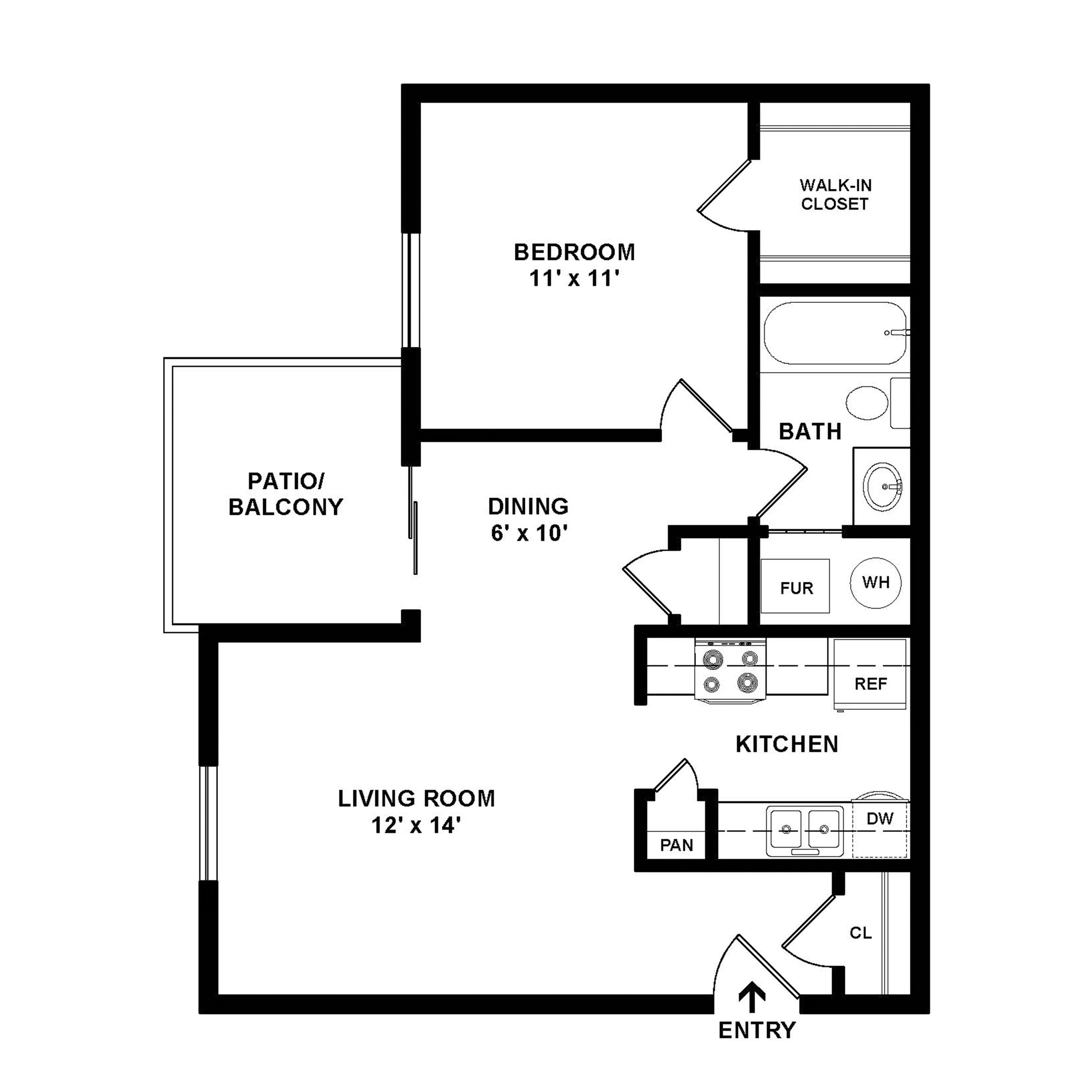 Contemporary one-bedroom apartment layout featuring a spacious living room, dining area, modern kitchen, walk-in closet, and a private patio.