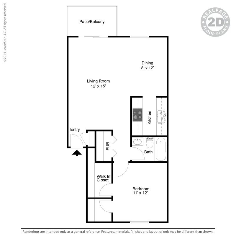 Modern 1-bedroom floor plan featuring a spacious living room, dining area, and private patio.