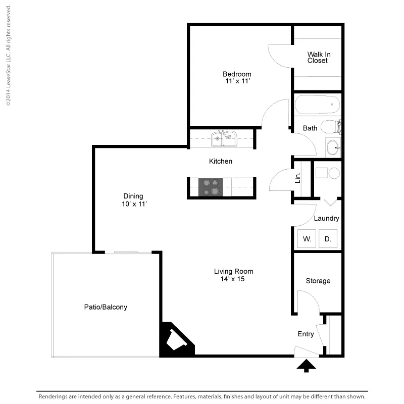 Modern floor plan featuring 1 bedroom with walk-in closet, open kitchen and dining area, spacious living room, and private patio/balcony.