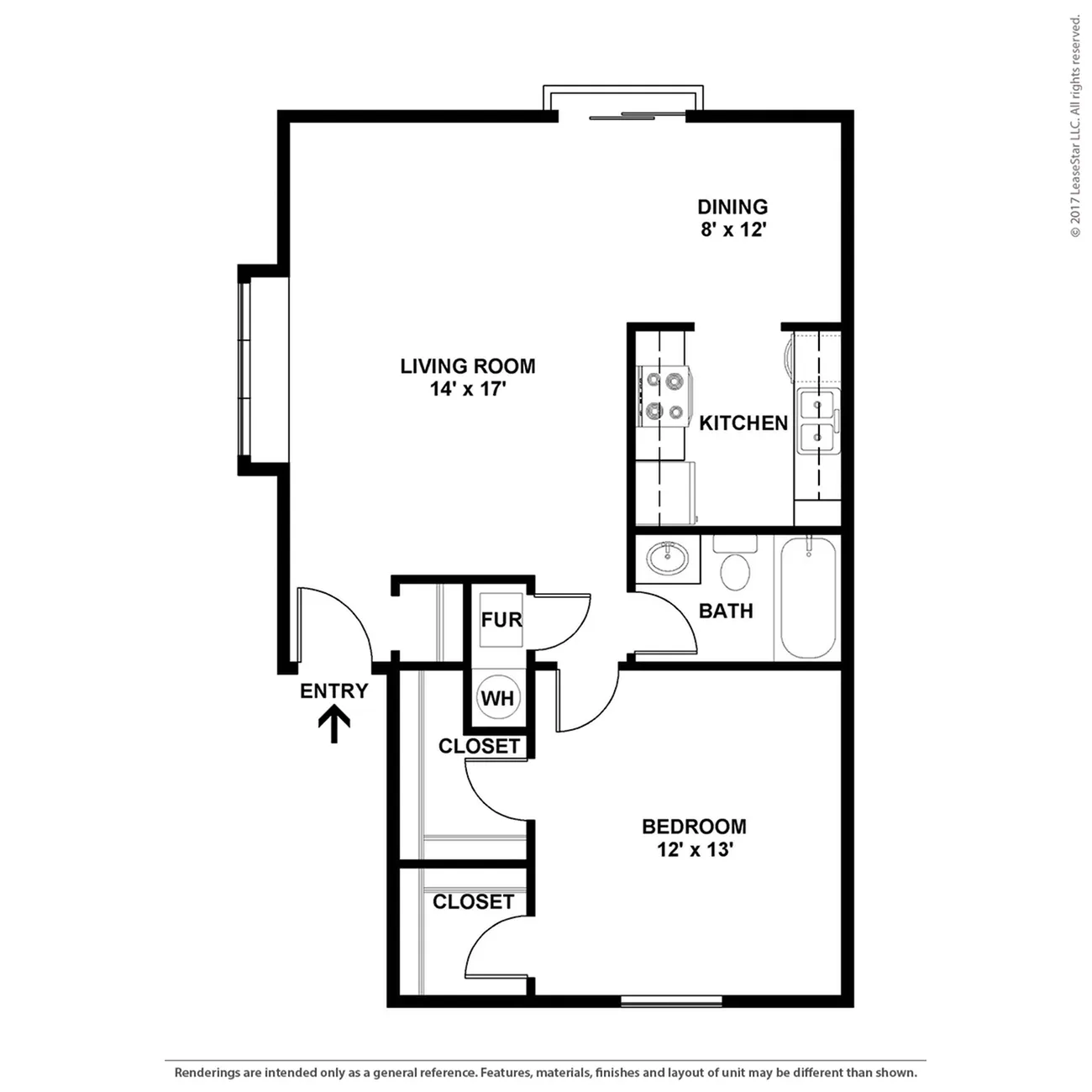 Inviting floor plan showcasing a spacious 1-bedroom layout with a large living room, modern kitchen, dining area, and ample storage space.