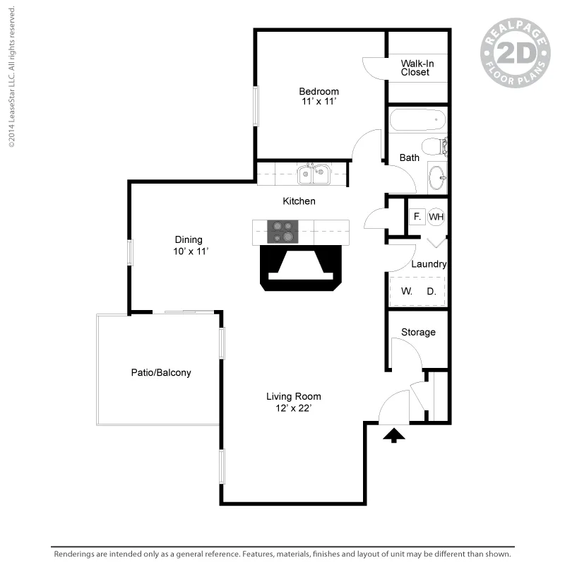 Contemporary 2D floor plan featuring a 1-bedroom layout with a spacious living room, elegant kitchen, dining area, laundry room, and a walk-in closet, complemented by a patio/balcony for outdoor leisure.