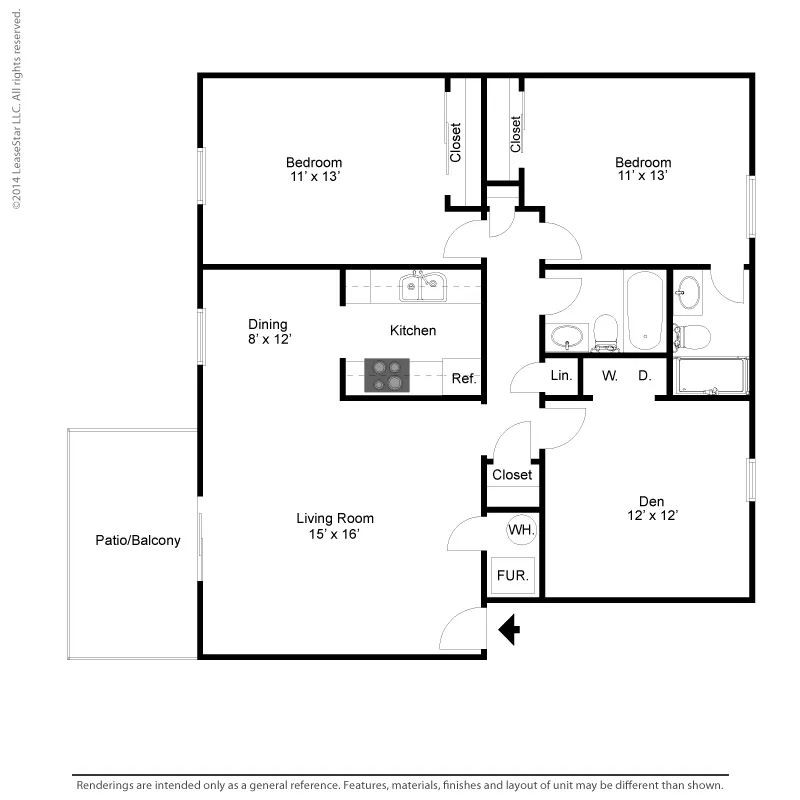 Contemporary apartment floor plan showcasing 2 bedrooms, a spacious living room, functional kitchen, and a versatile den with access to a patio/balcony.